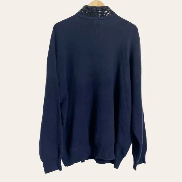Alexander Wang Navy Blue Crystal Collar Wool Turtleneck Sweater Size L